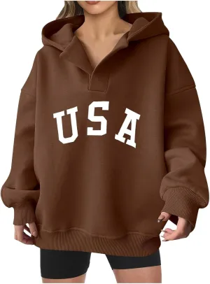 Woman Sweatshirt Fashion Letter Pattern Neck Hooded Long Sleeve Hoodie Top Loose Solid Vacation Sweatshirt