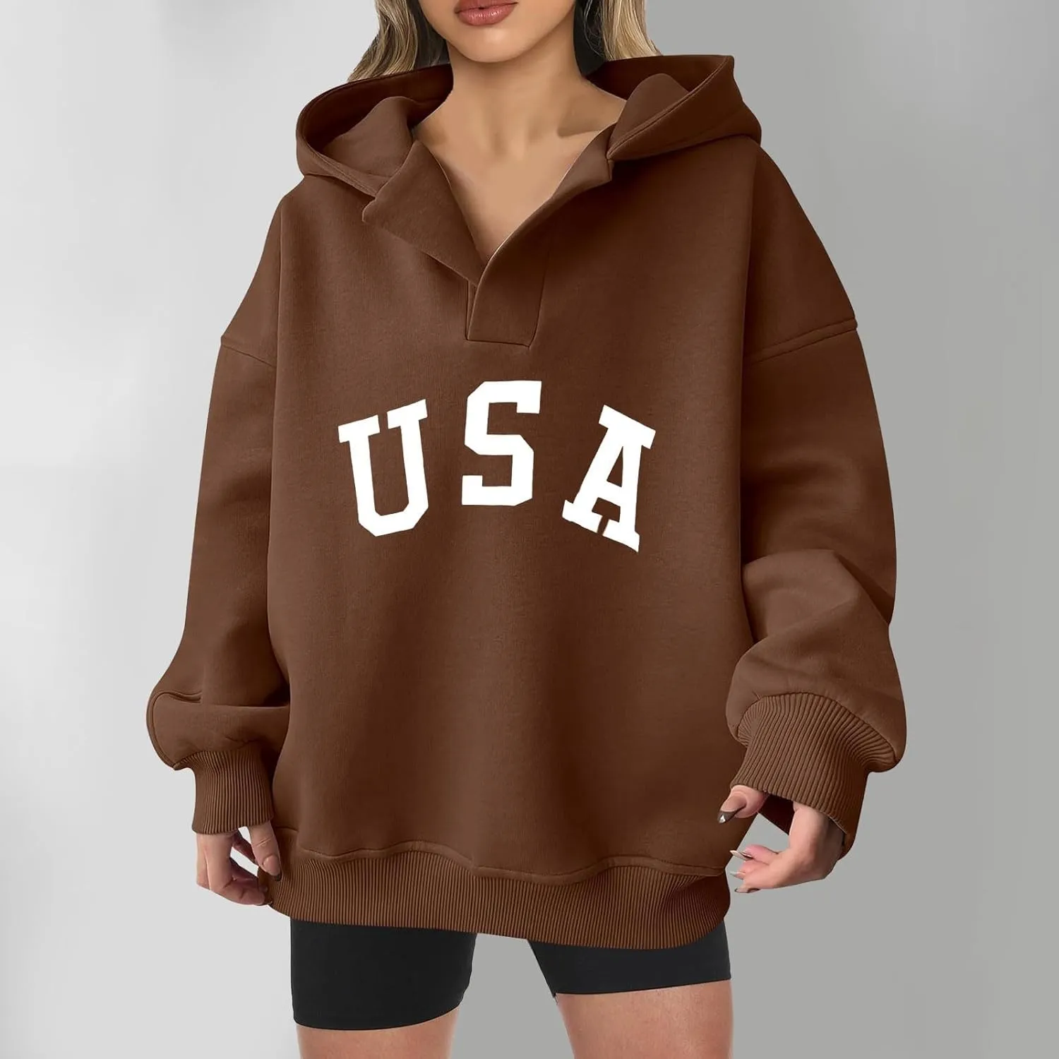 Woman Sweatshirt Fashion Letter Pattern Neck Hooded Long Sleeve Hoodie Top Loose Solid Vacation Sweatshirt