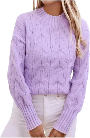 Women Cable Knit Sweater Tops Vintage Chunky Sweater Solid Crew Neck Long Sleeve Jumper Blouse Soft Pullover Shirt