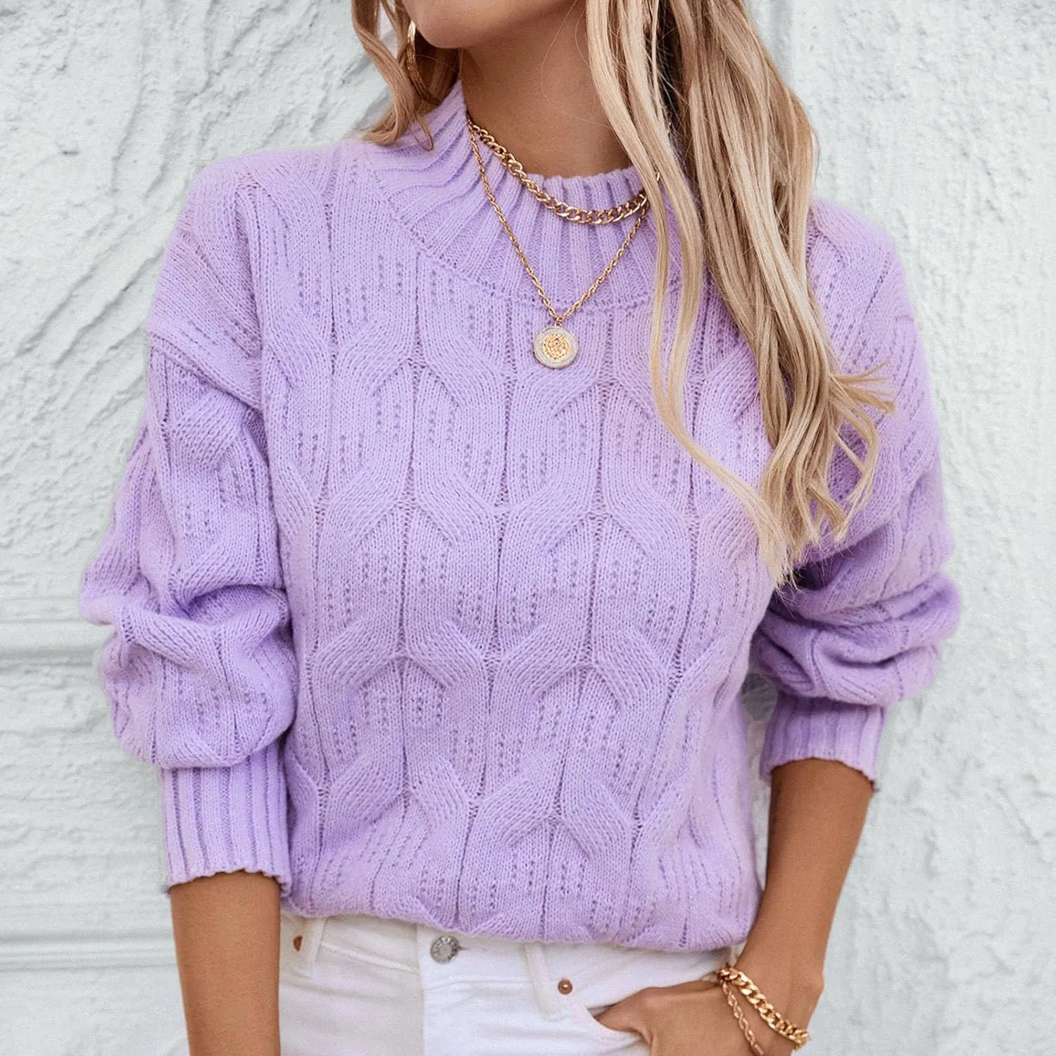 Women Cable Knit Sweater Tops Vintage Chunky Sweater Solid Crew Neck Long Sleeve Jumper Blouse Soft Pullover Shirt