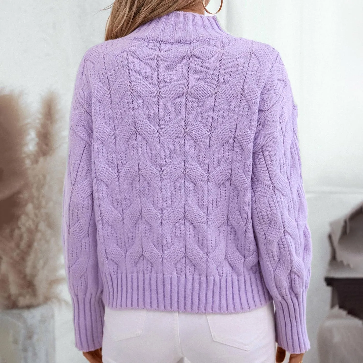 Women Cable Knit Sweater Tops Vintage Chunky Sweater Solid Crew Neck Long Sleeve Jumper Blouse Soft Pullover Shirt