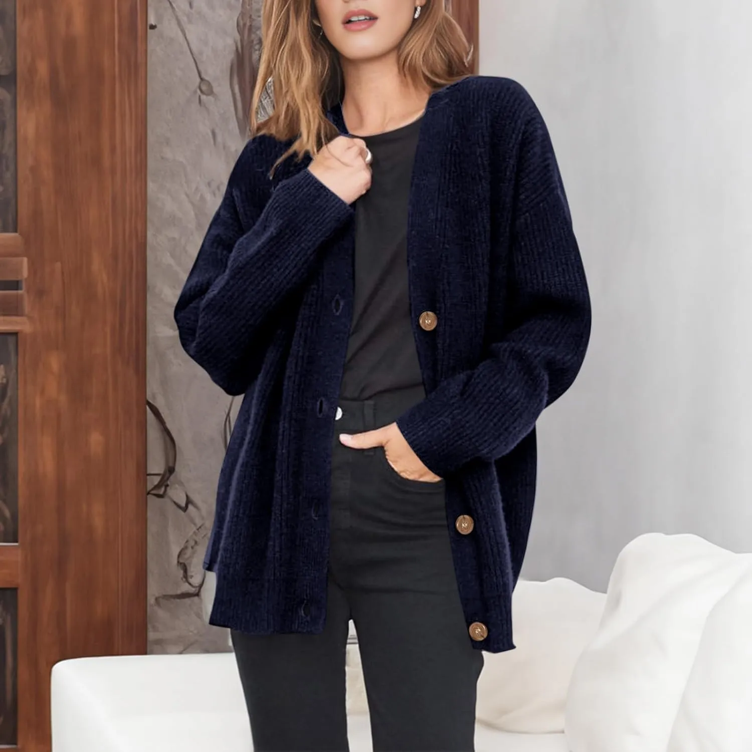 Women Cashmere Cocoon Cardigan Open Front Oversized Button Down Chunky Cardigan V Neck Cardigans Sweaters Knit Coat