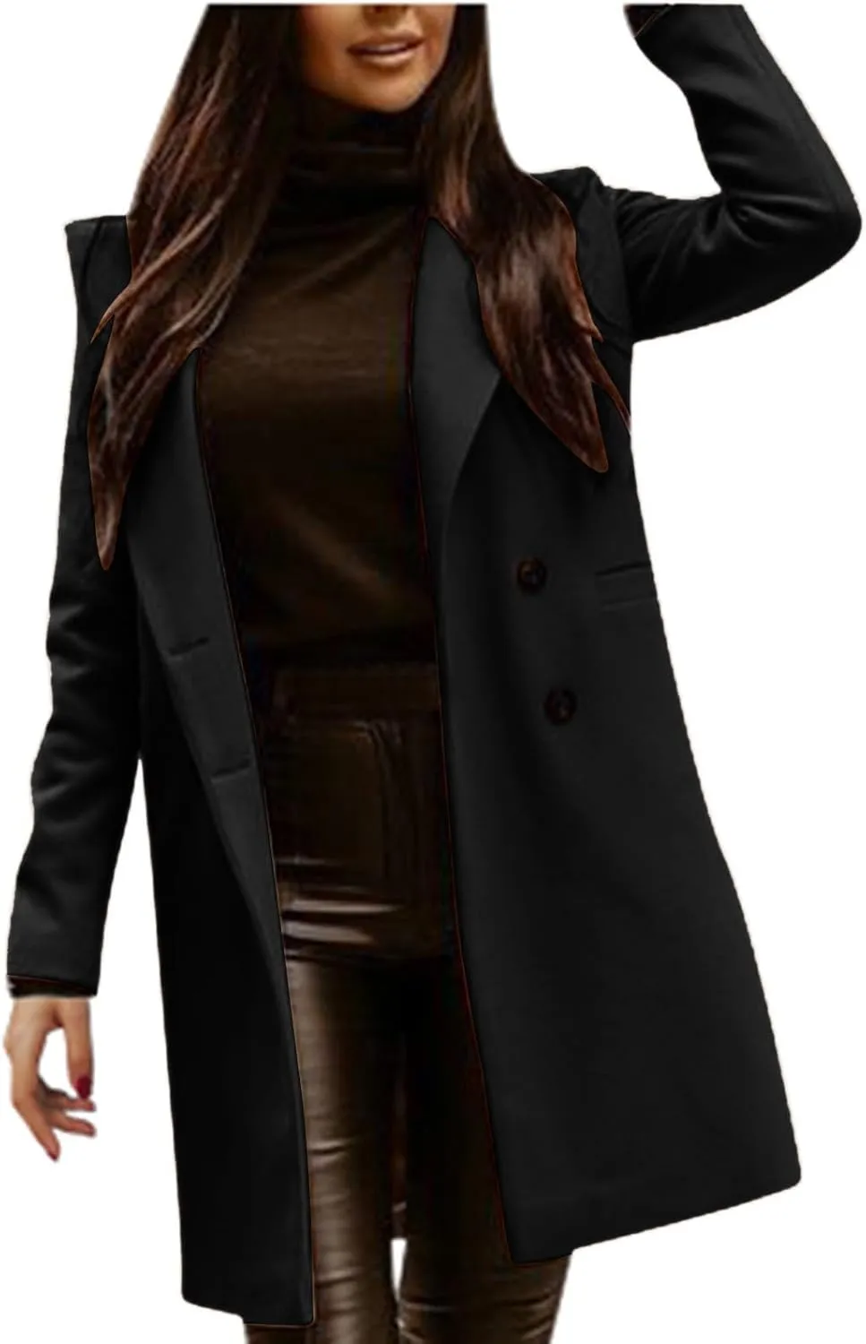 Women Elegant Notched Collar Double Breasted Wool Blend Over Coat Jacket Outwear