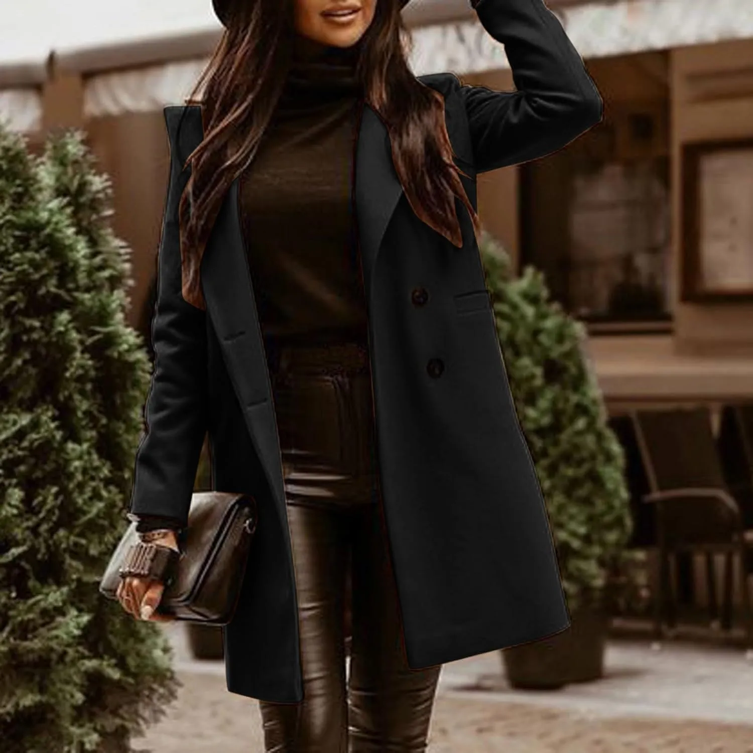 Women Elegant Notched Collar Double Breasted Wool Blend Over Coat Jacket Outwear