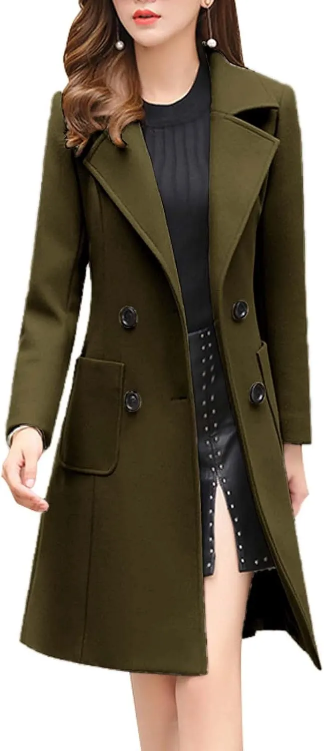 Women Elegant Notched Collar Double Breasted Wool Blend Over Coat Ladies Trendy Jackets