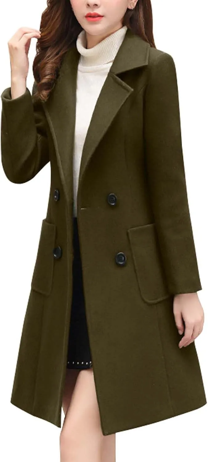 Women Elegant Notched Collar Double Breasted Wool Blend Over Coat Ladies Trendy Jackets