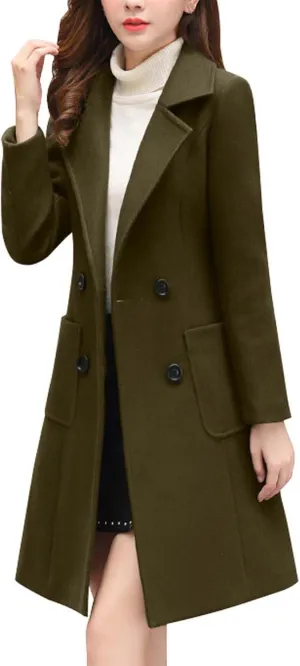 Women Elegant Notched Collar Double Breasted Wool Blend Over Coat Ladies Trendy Jackets