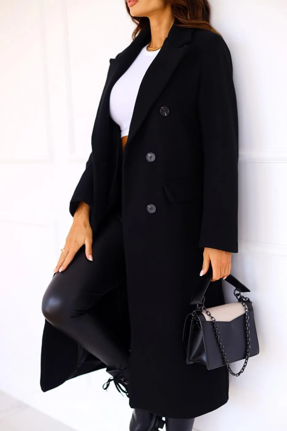 Women Elegant Notched Collar Double Breasted Wool Blend Over Coat with Belt Pockets