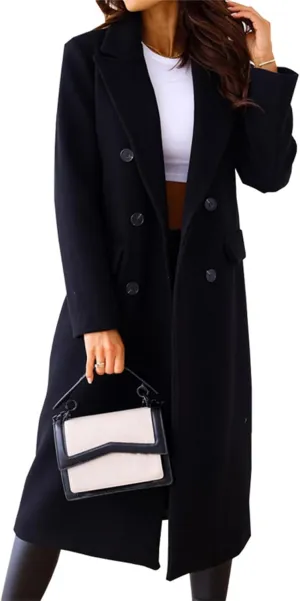 Women Elegant Notched Collar Double Breasted Wool Blend Over Coat with Belt Pockets