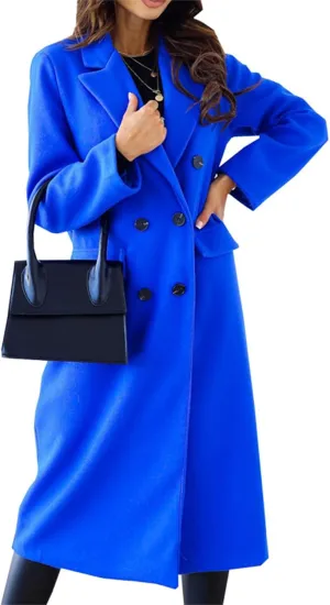 Women Elegant Notched Collar Double Breasted Wool Blend Over Coat with Belt Pockets