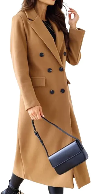 Women Elegant Notched Collar Double Breasted Wool Blend Over Coat with Belt Pockets