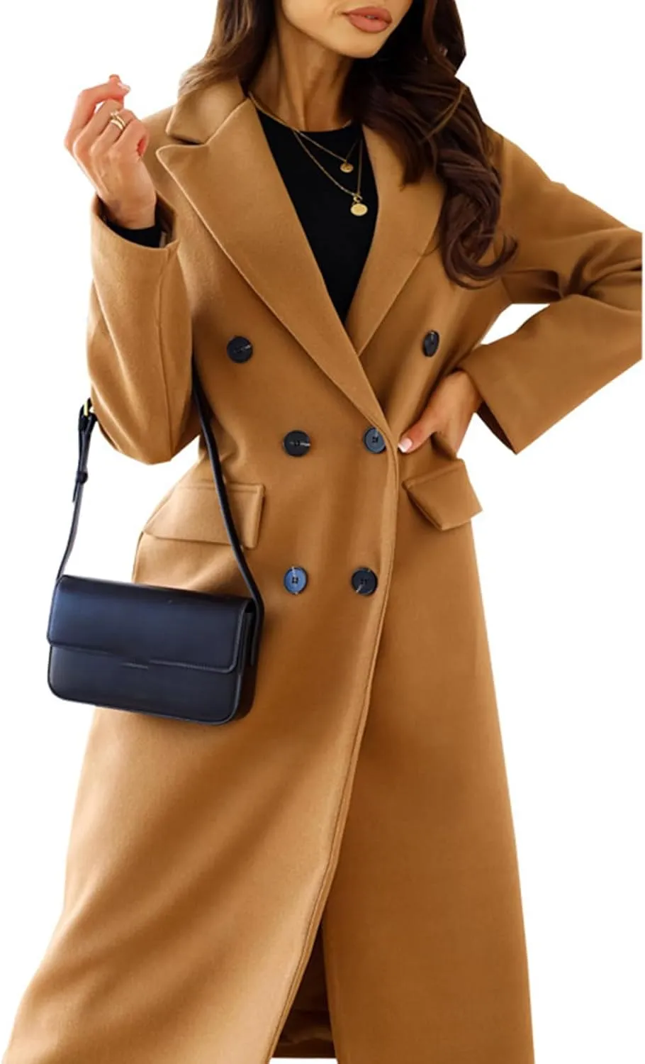 Women Elegant Notched Collar Double Breasted Wool Blend Over Coat with Belt Pockets