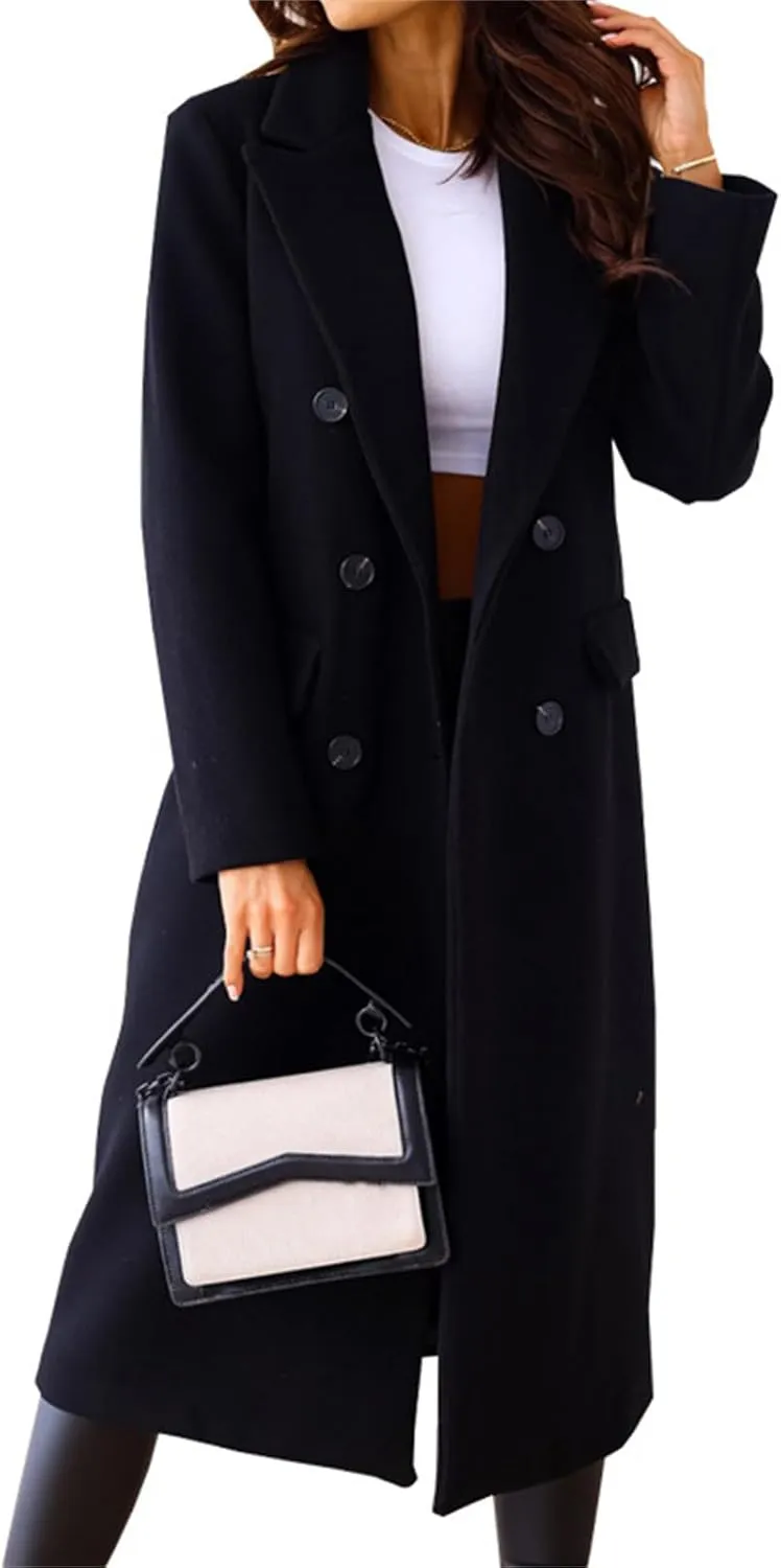 Women Elegant Notched Collar Double Breasted Wool Blend Over Coat with Belt Pockets