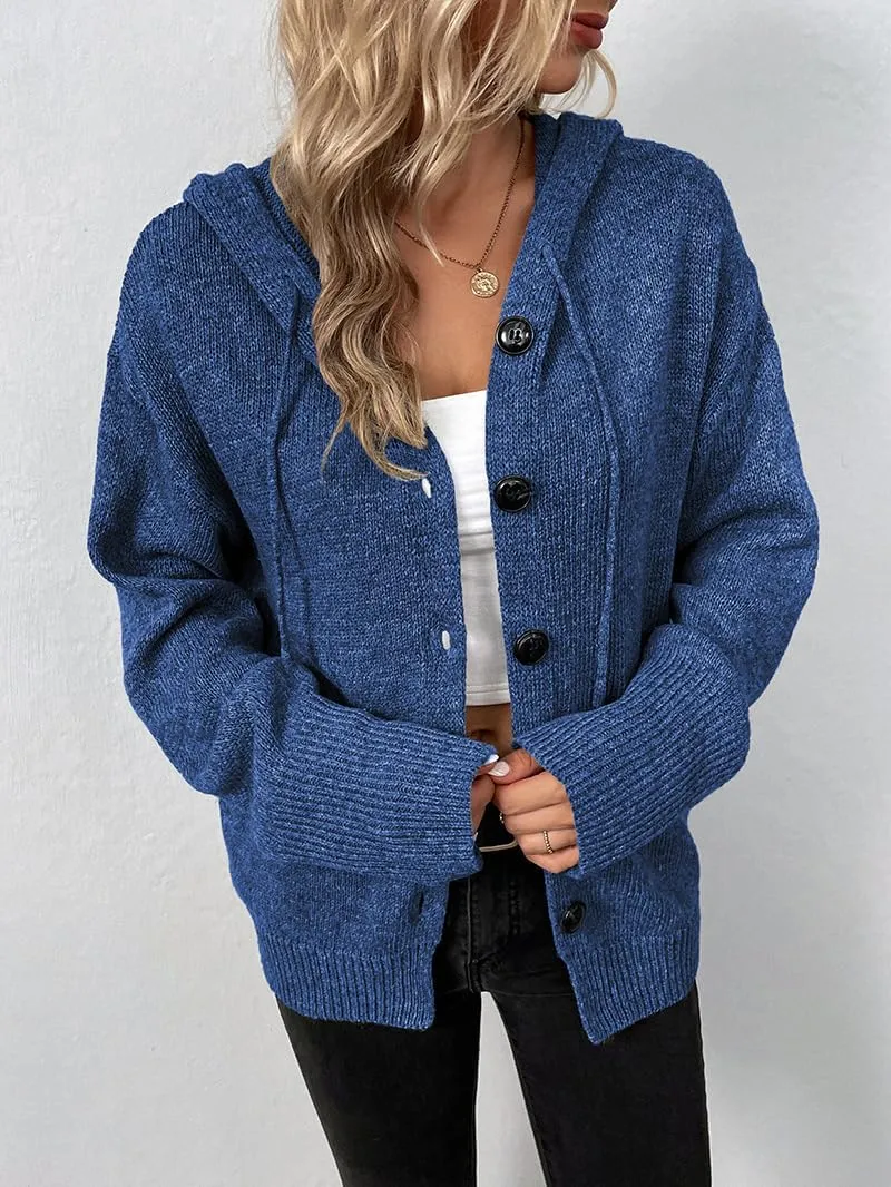 Women Hooded Sweater Tops Solid Cable Knit Cardigans Button Down Open Front Sweater Coat with Drawstring