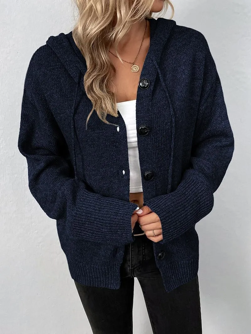 Women Hooded Sweater Tops Solid Cable Knit Cardigans Button Down Open Front Sweater Coat with Drawstring