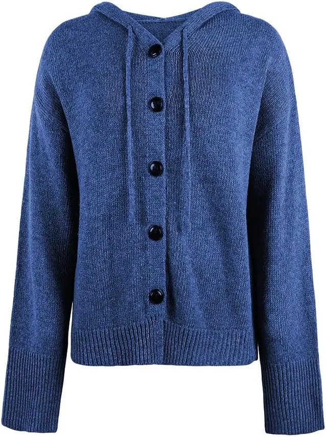 Women Hooded Sweater Tops Solid Cable Knit Cardigans Button Down Open Front Sweater Coat with Drawstring