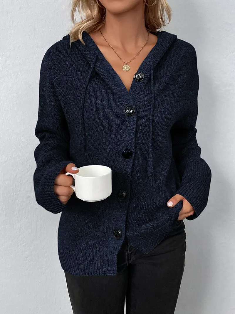 Women Hooded Sweater Tops Solid Cable Knit Cardigans Button Down Open Front Sweater Coat with Drawstring