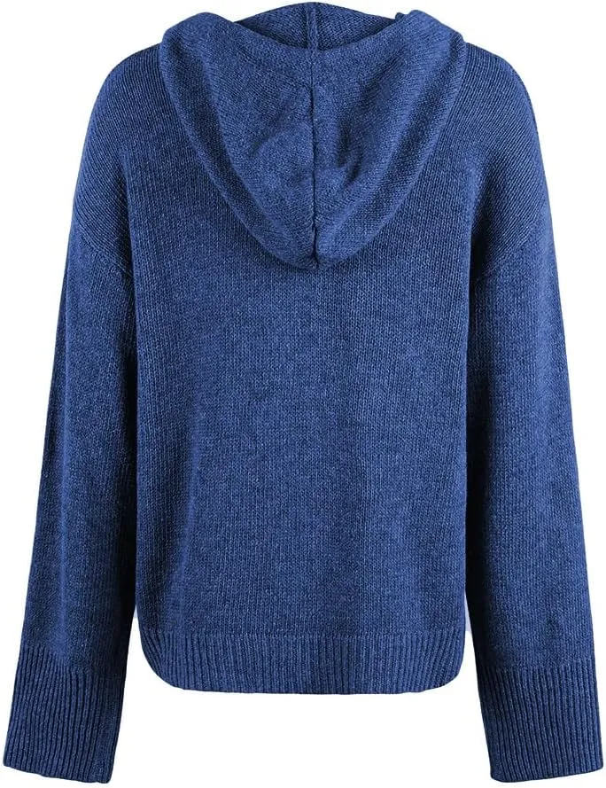 Women Hooded Sweater Tops Solid Cable Knit Cardigans Button Down Open Front Sweater Coat with Drawstring