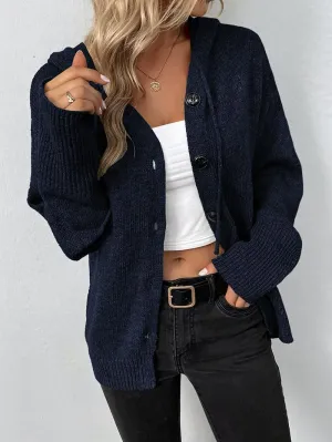 Women Hooded Sweater Tops Solid Cable Knit Cardigans Button Down Open Front Sweater Coat with Drawstring