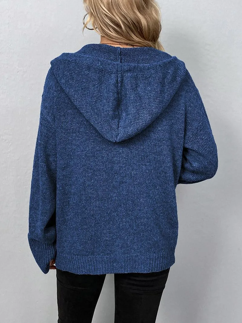 Women Hooded Sweater Tops Solid Cable Knit Cardigans Button Down Open Front Sweater Coat with Drawstring