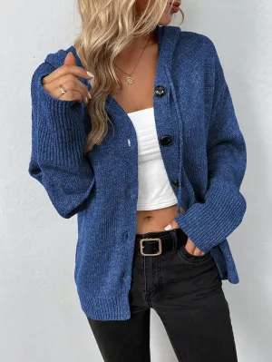 Women Hooded Sweater Tops Solid Cable Knit Cardigans Button Down Open Front Sweater Coat with Drawstring