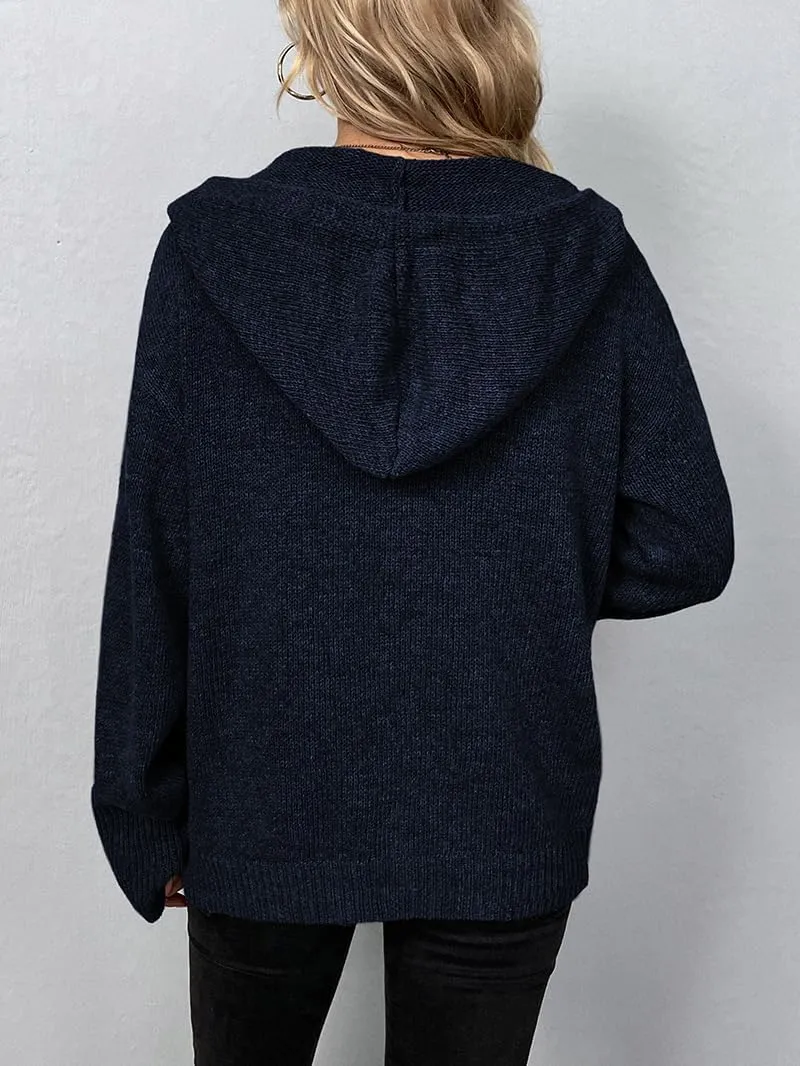 Women Hooded Sweater Tops Solid Cable Knit Cardigans Button Down Open Front Sweater Coat with Drawstring
