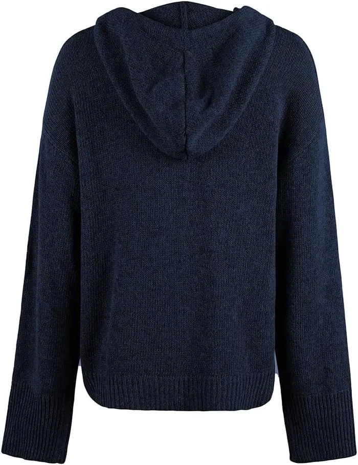 Women Hooded Sweater Tops Solid Cable Knit Cardigans Button Down Open Front Sweater Coat with Drawstring