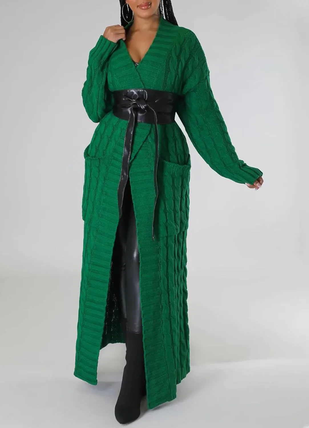 Women Long Sleeve Open Front Cardigan Sweaters Lightweight Chunky Cable Knit Draped Outwear Pockets Kimonos Outfits