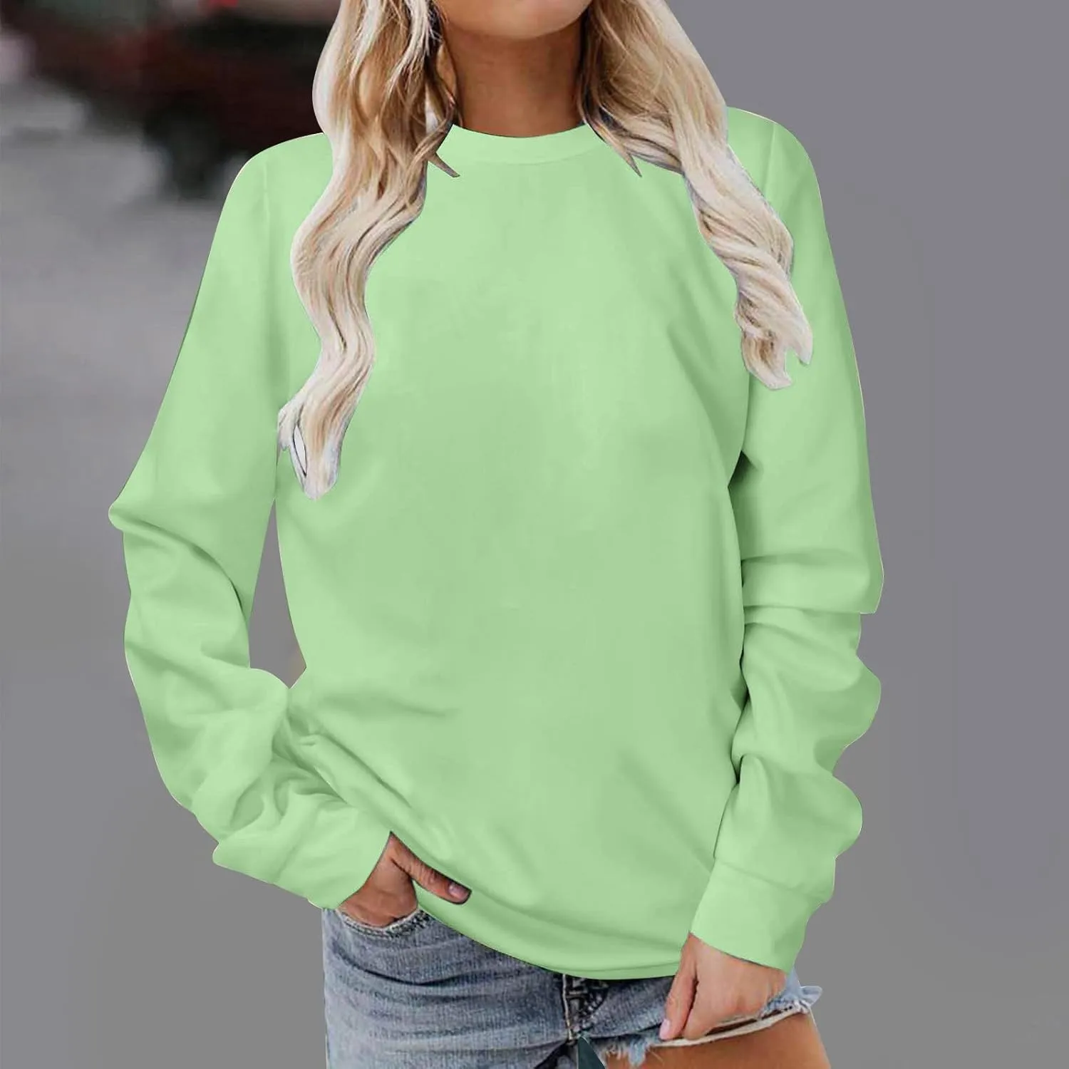 Women Long Sleeve Sweatshirt 2023 Solid Plain Crewneck Pullover Shirts Loose Fit Casual Classic Blouses Fall Fashion Tee Tops
