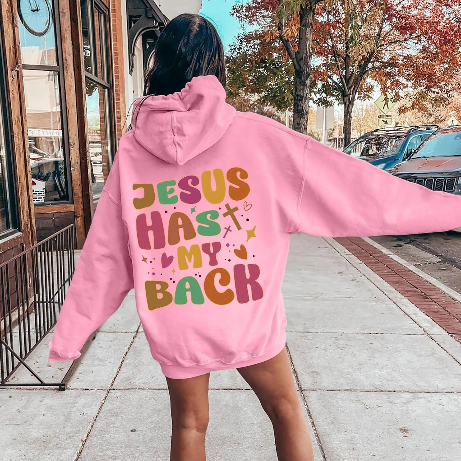 Women Oversize Letter Graphic Print Sweatshirt Crewneck Long Sleeve Loose Hooded Pullover Top with Pockets, 5X-Large