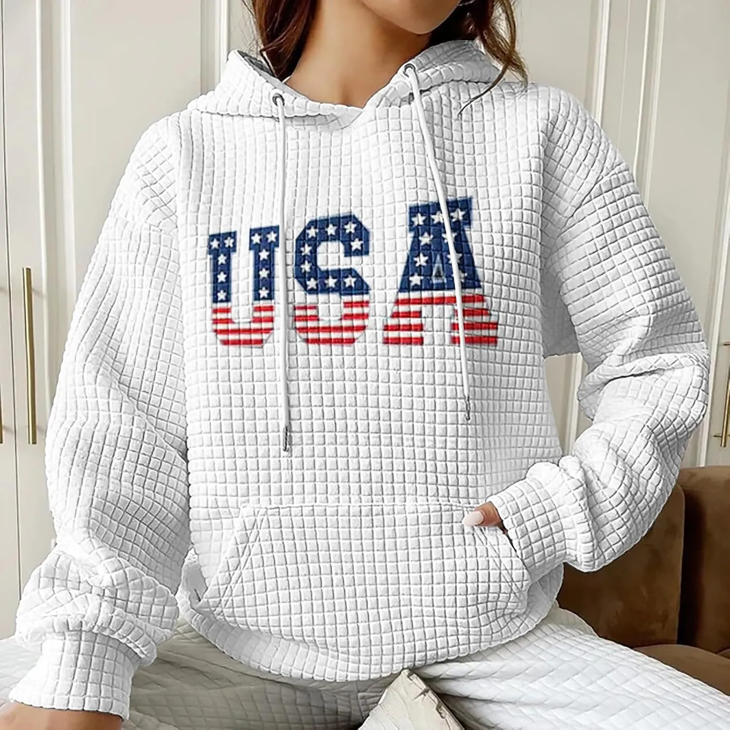 Women Oversized Hoodies Casual Graphic Trendy Hoodies Loose Ffit Tops Long Long Sleeve Drawstring Waffle Pullover
