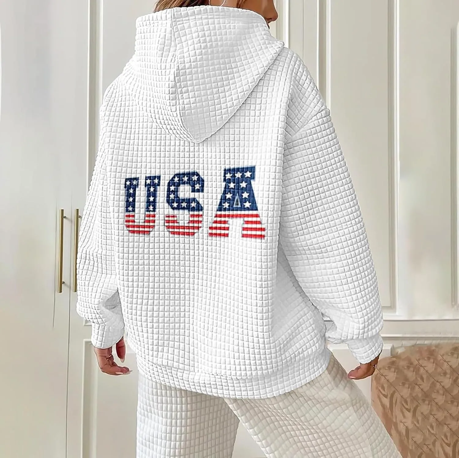Women Oversized Hoodies Casual Graphic Trendy Hoodies Loose Ffit Tops Long Long Sleeve Drawstring Waffle Pullover