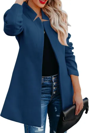 Women Pea Coat Stand Collar Slim Fit Coat Long Sleeve Mid Length Trench Coat Open Front Wool Blend Cardigan Overwear