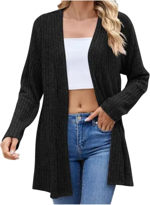 Women Ribbed Knit Cardigan Sweater Long Sleeve Lightweight Soft Open Front Sweaters 2024 Fall Trendy Sweater Coats