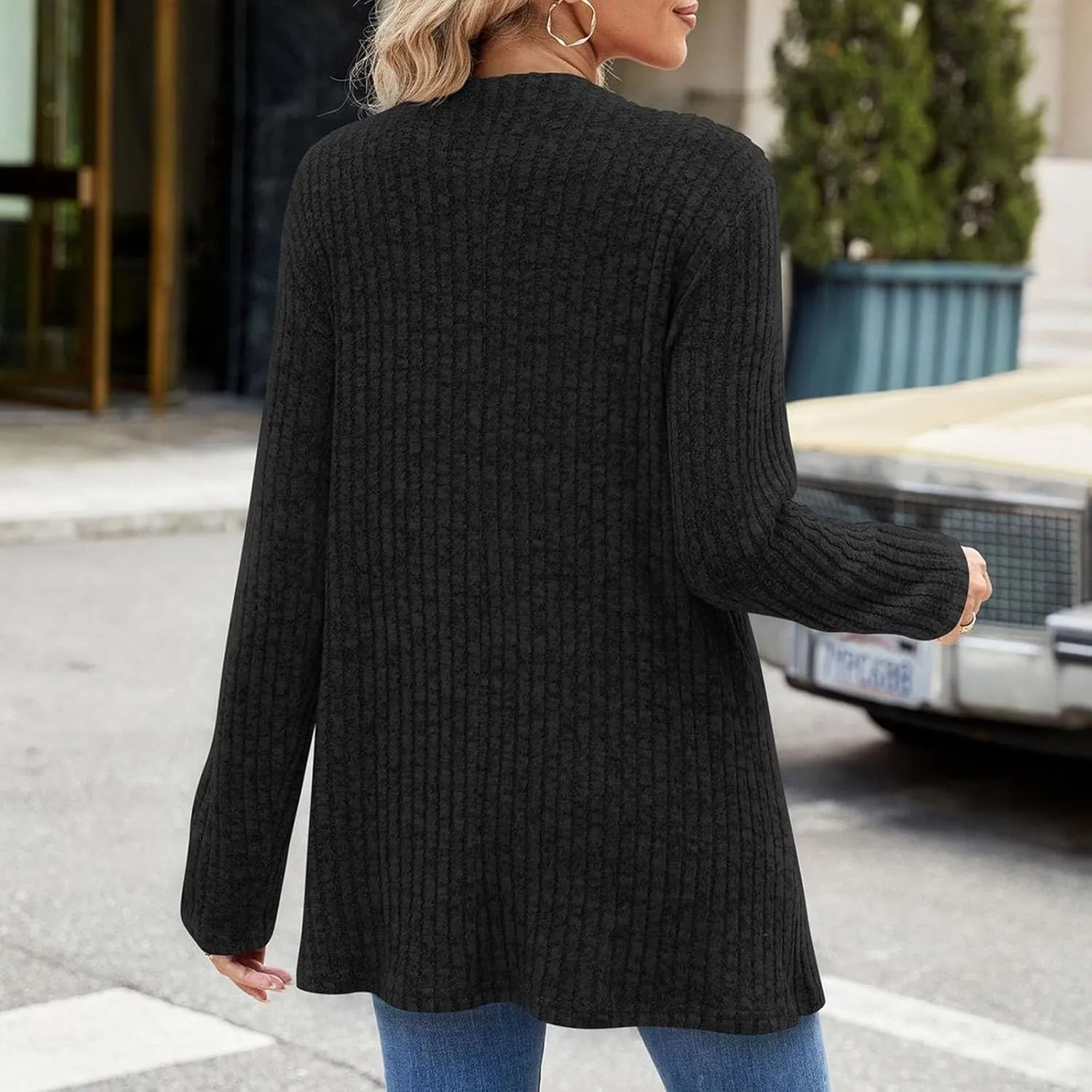 Women Ribbed Knit Cardigan Sweater Long Sleeve Lightweight Soft Open Front Sweaters 2024 Fall Trendy Sweater Coats
