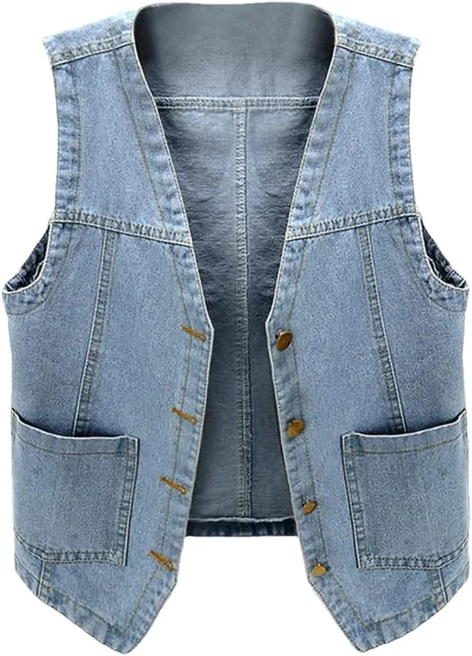 Women Sleeveless V Neck Button Jacket Denim Vest Loose Ladies Vest Jackets Pocket Denim Coat