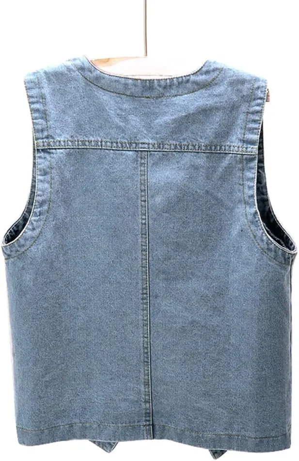 Women Sleeveless V Neck Button Jacket Denim Vest Loose Ladies Vest Jackets Pocket Denim Coat