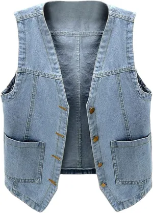Women Sleeveless V Neck Button Jacket Denim Vest Loose Ladies Vest Jackets Pocket Denim Coat