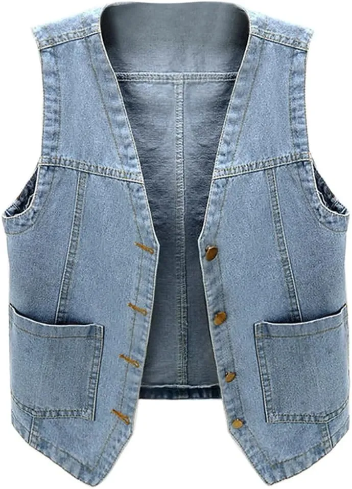 Women Sleeveless V Neck Button Jacket Denim Vest Loose Ladies Vest Jackets Pocket Denim Coat