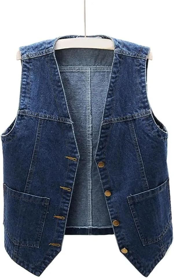 Women Sleeveless V Neck Button Jacket Denim Vest Loose Ladies Vest Jackets Pocket Denim Coat