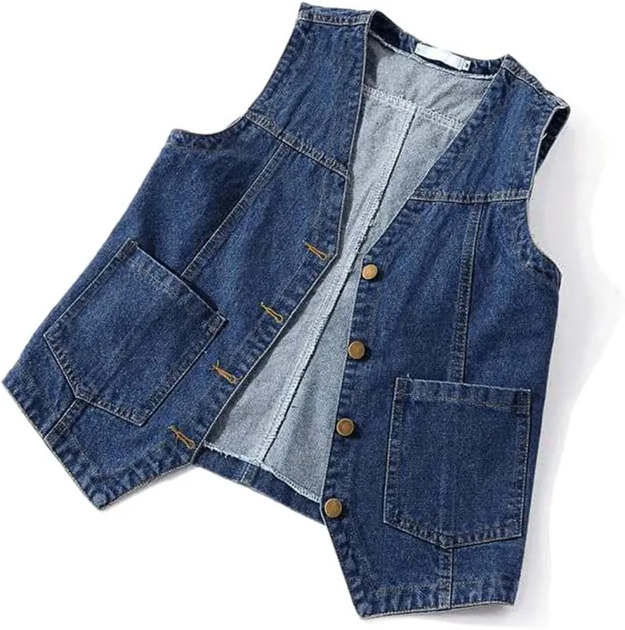 Women Sleeveless V Neck Button Jacket Denim Vest Loose Ladies Vest Jackets Pocket Denim Coat