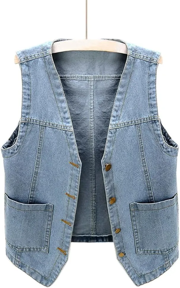 Women Sleeveless V Neck Button Jacket Denim Vest Loose Ladies Vest Jackets Pocket Denim Coat