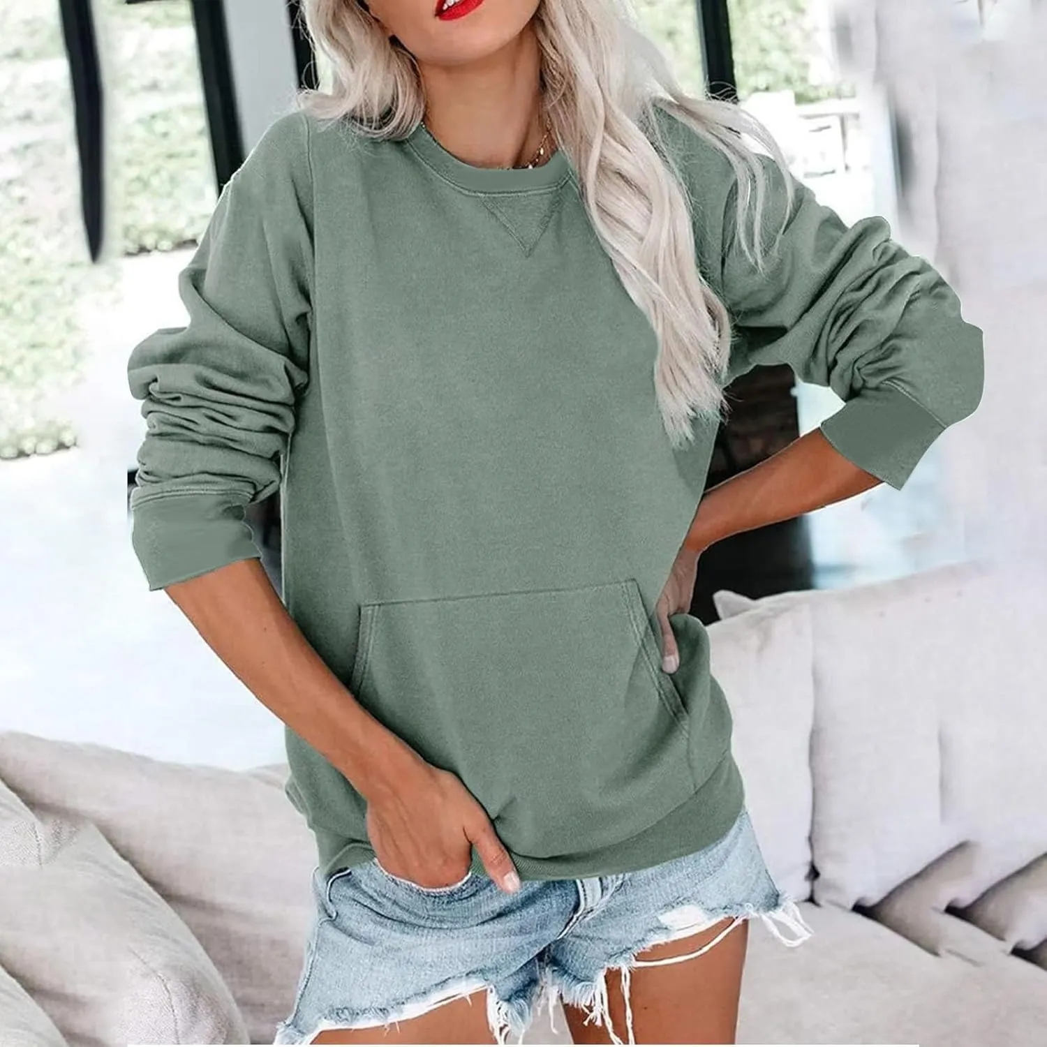 Women Solid Colors Crewneck Sweatshirts Long Sleeve Pullover Tops No Hood Cute Sweatshirt Comfort Sweaters 2024