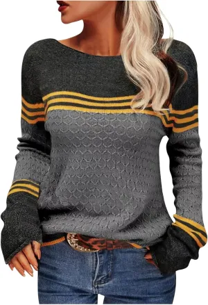 Women Trendy Jumper Striped Pullover Sweater Casual Lightweight Knit Tops Soft Fall Cable Sweaters Knitwear Shirts