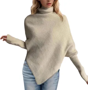 Women Turtleneck Ribbed Knit Sweater, Oversized Long Sleeve Casual Warm Pullover Fashion Asymmetric Hem Jumper Tops
