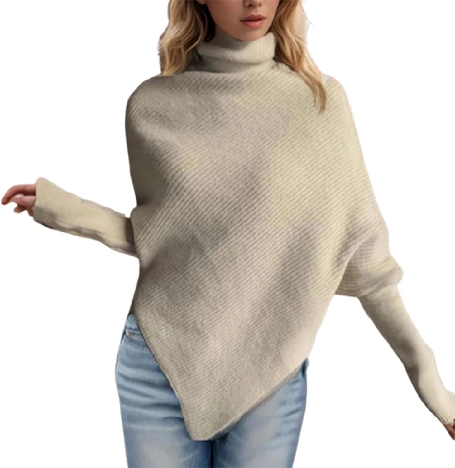 Women Turtleneck Ribbed Knit Sweater, Oversized Long Sleeve Casual Warm Pullover Fashion Asymmetric Hem Jumper Tops
