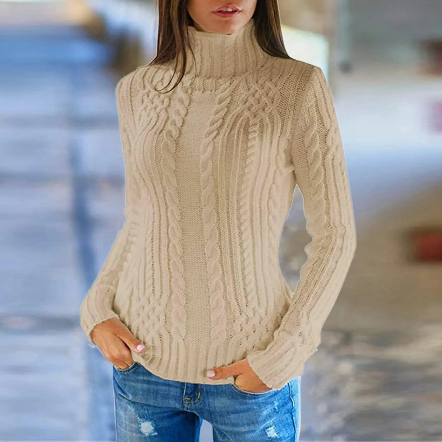 Women Turtleneck Sweater Casual Long Sleeve Pulover Sweaters Chunky Warm Ribbed Cable Knit Tops Jumpers Blouses
