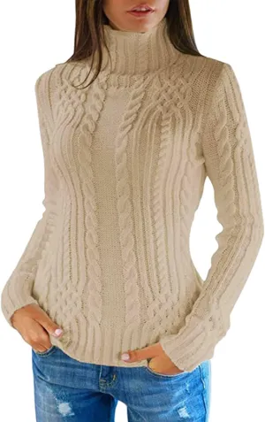 Women Turtleneck Sweater Casual Long Sleeve Pulover Sweaters Chunky Warm Ribbed Cable Knit Tops Jumpers Blouses