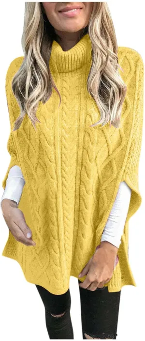 Women Turtleneck Sweaters Split Hem Pullover Knit Sweater Tops Cape Turtleneck Poncho Sweater Women
