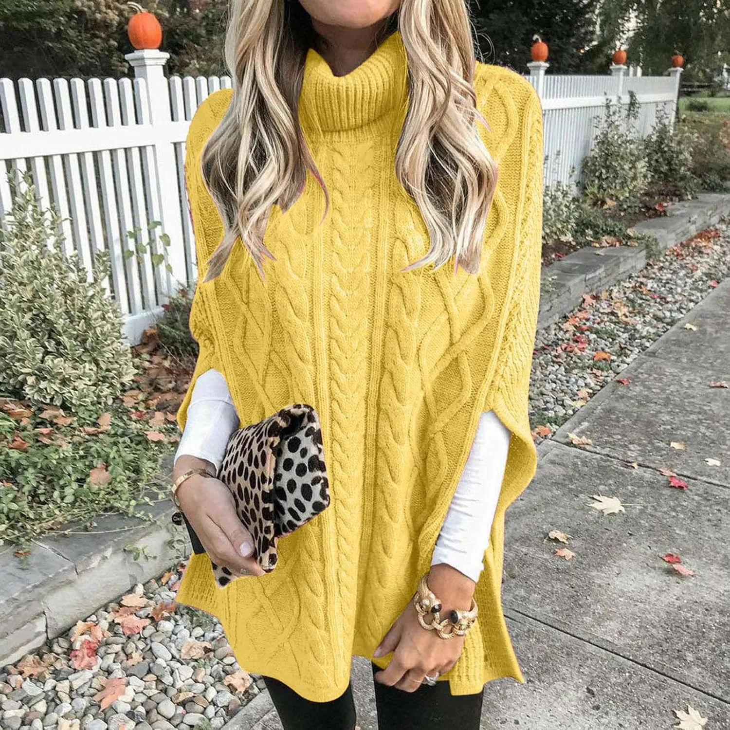 Women Turtleneck Sweaters Split Hem Pullover Knit Sweater Tops Cape Turtleneck Poncho Sweater Women